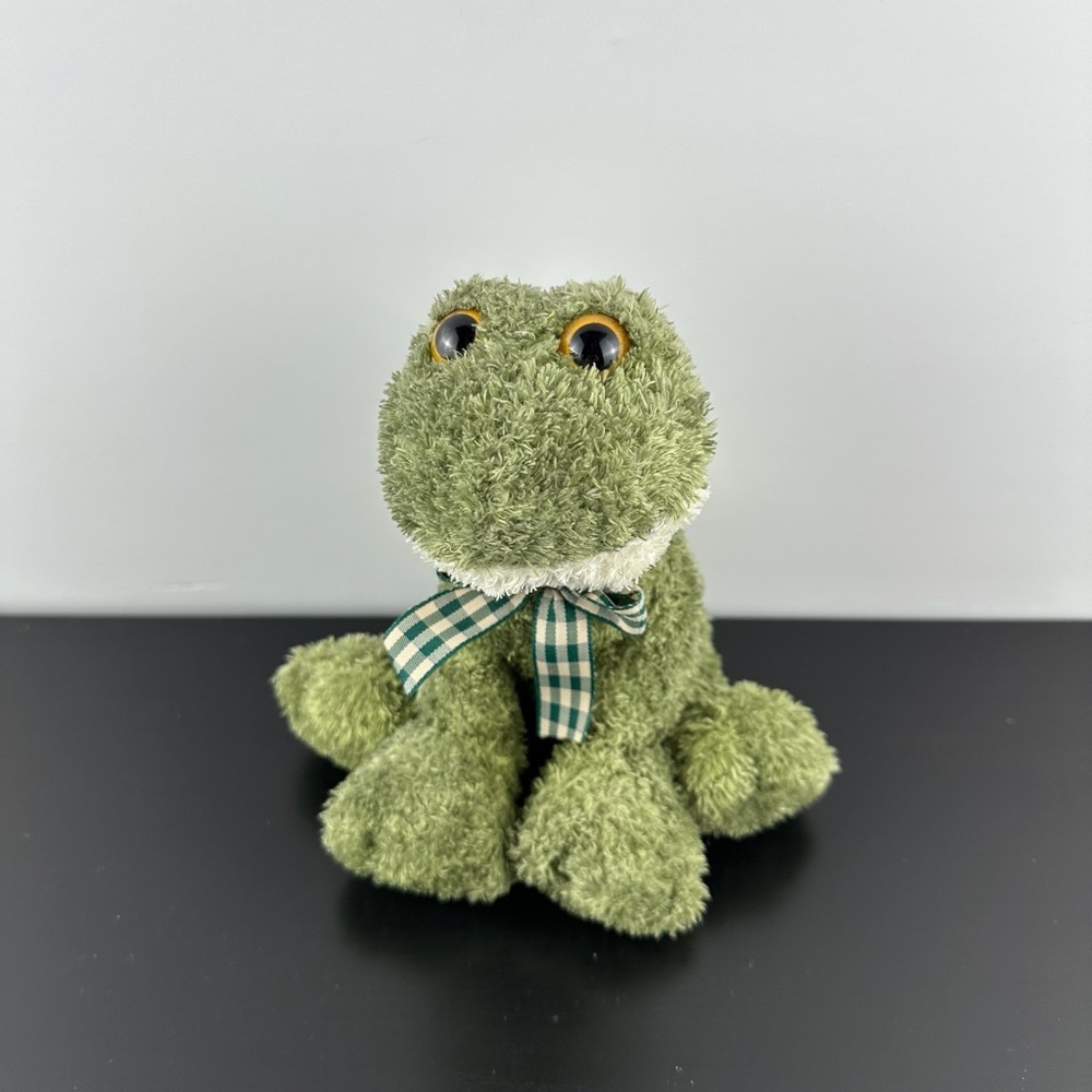 Animal Adventure Green Frog 7” Gingham Ribbon Bow Beanie Plush Stuffed Animal